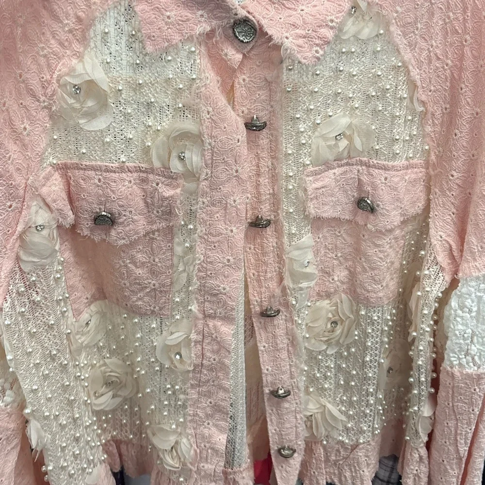POL Shacket Women's Pink Pearl Lace Eyelet Woven Balloon Sleeve Front Pockets - Picture 6 of 7